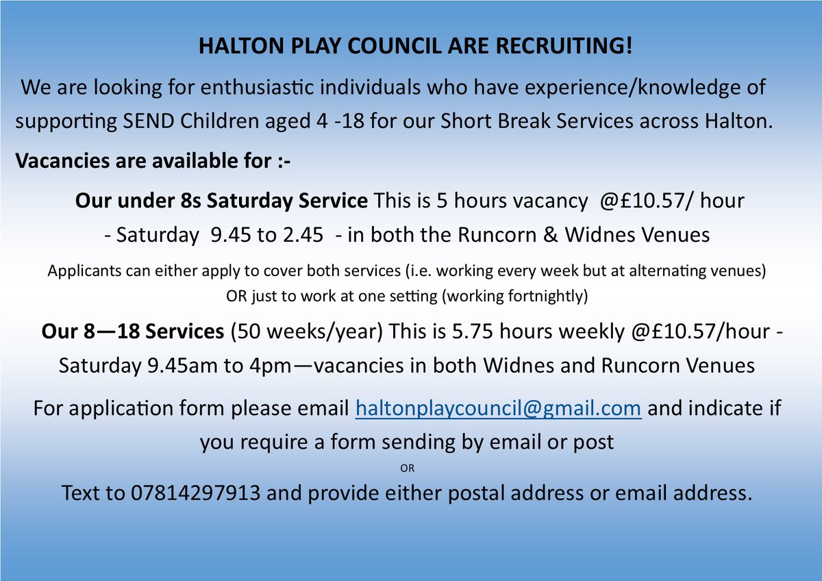 PLS RT - We are recruiting! Can you help to support SEN Children and YP across Halton? @kidsinhalton @HaltonBC @SENDLocalOffer @HaltonCarers @HaltonHousing @HaltonLibraries @OneHalton @AdultHalton @riversidecoll @HaltonHour @runcornworld @WidnesRuncornWN