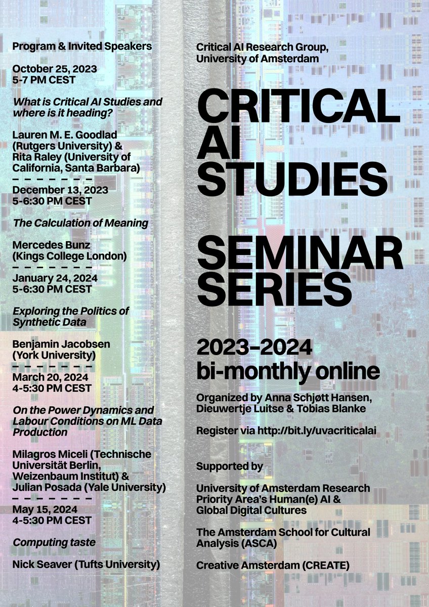 Dieuwertje Luitse | @dluitse.bsky.social (@dluitse) on Twitter photo ⚡👉Thrilled to announce the program of the public #CriticalAI seminar series (online) <a href="/ASchjoett/">Anna Schjøtt Hansen</a> & <a href="/tobias_blanke/">Tobias Blanke</a> and I are organizing🙌
Open to everyone that aims to better understand, critique and provide alternatives to current regimes of #AIdevelopment and implementation✨ ⚡👉Thrilled to announce the program of the public #CriticalAI seminar series (online) <a href="/ASchjoett/">Anna Schjøtt Hansen</a> & <a href="/tobias_blanke/">Tobias Blanke</a> and I are organizing🙌
Open to everyone that aims to better understand, critique and provide alternatives to current regimes of #AIdevelopment and implementation✨