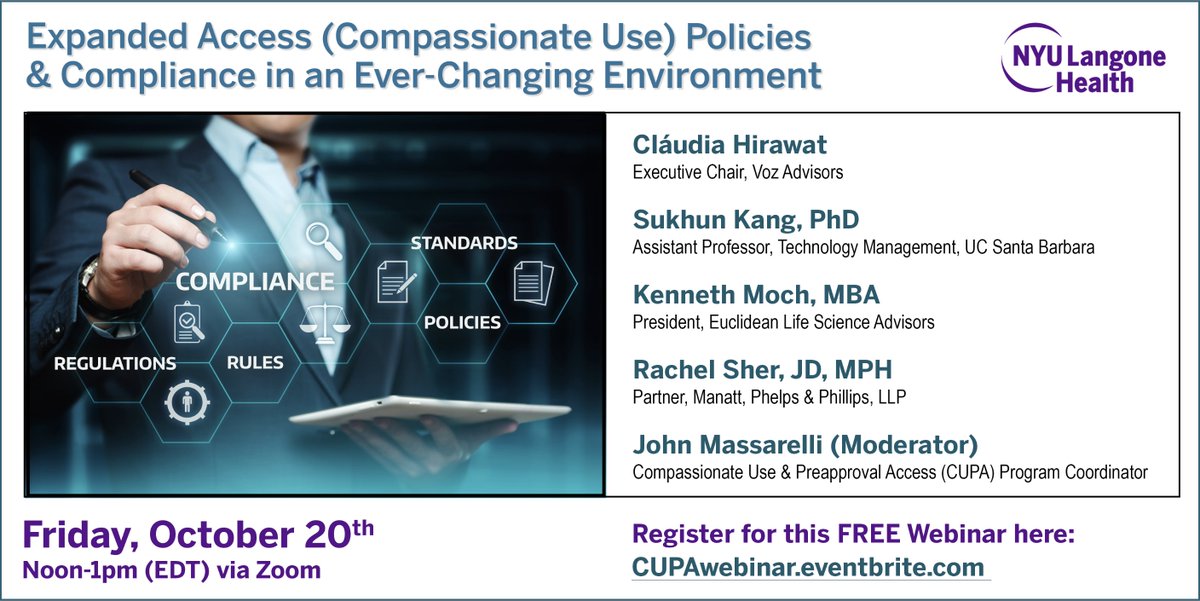 🚨Upcoming FREE webinar🚨 '#ExpandedAccess Policies and Compliance in an Ever-Changing Environment' 10/20, 12-1pm ET. Experts from #law, #bioethics, #patientadvocacy, business strategy, and #biopharma discuss EA (#compassionateuse) regs. Register here: CUPAwebinar.eventbrite.com