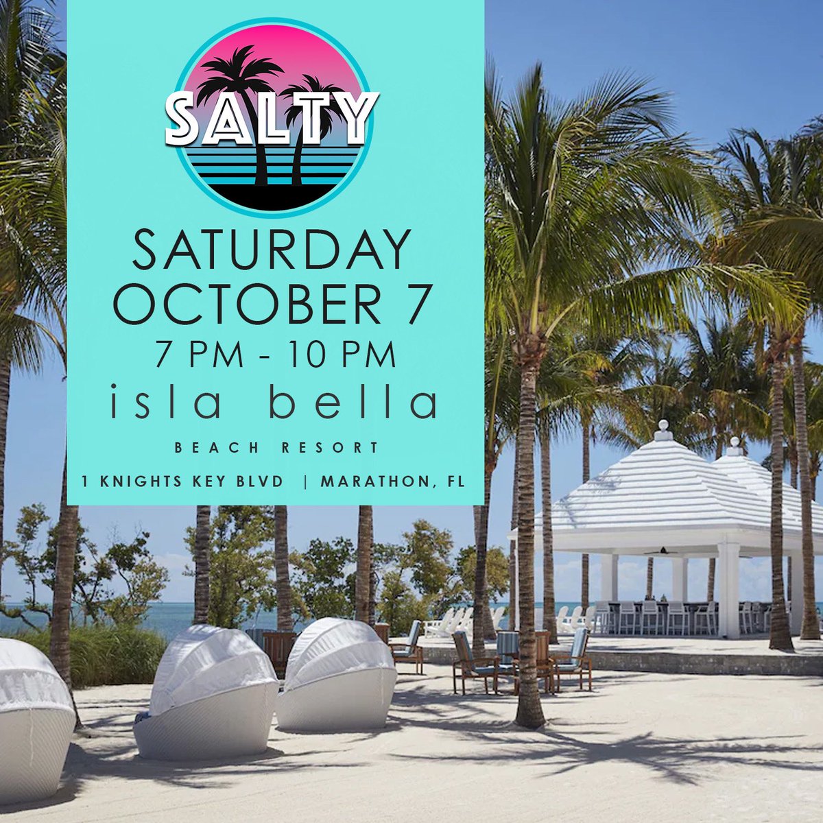 MALINDAKALT's tweet photo. Spend the wkend in the FLORIDA KEYS with SALTY - FRIDAY OCTOBER 6th &amp; SATURDAY OCT 7 at isla bella beach resort 7 PM - 10 PM

music by @LeeKalt 
vocals by @xandra_k__ 

#isabellabeachresort #getaway #minivacay #tropicalvibes #tropicalvacation #saltlife #paradise  #floridakeys https://t.co/uREOpRl8M4