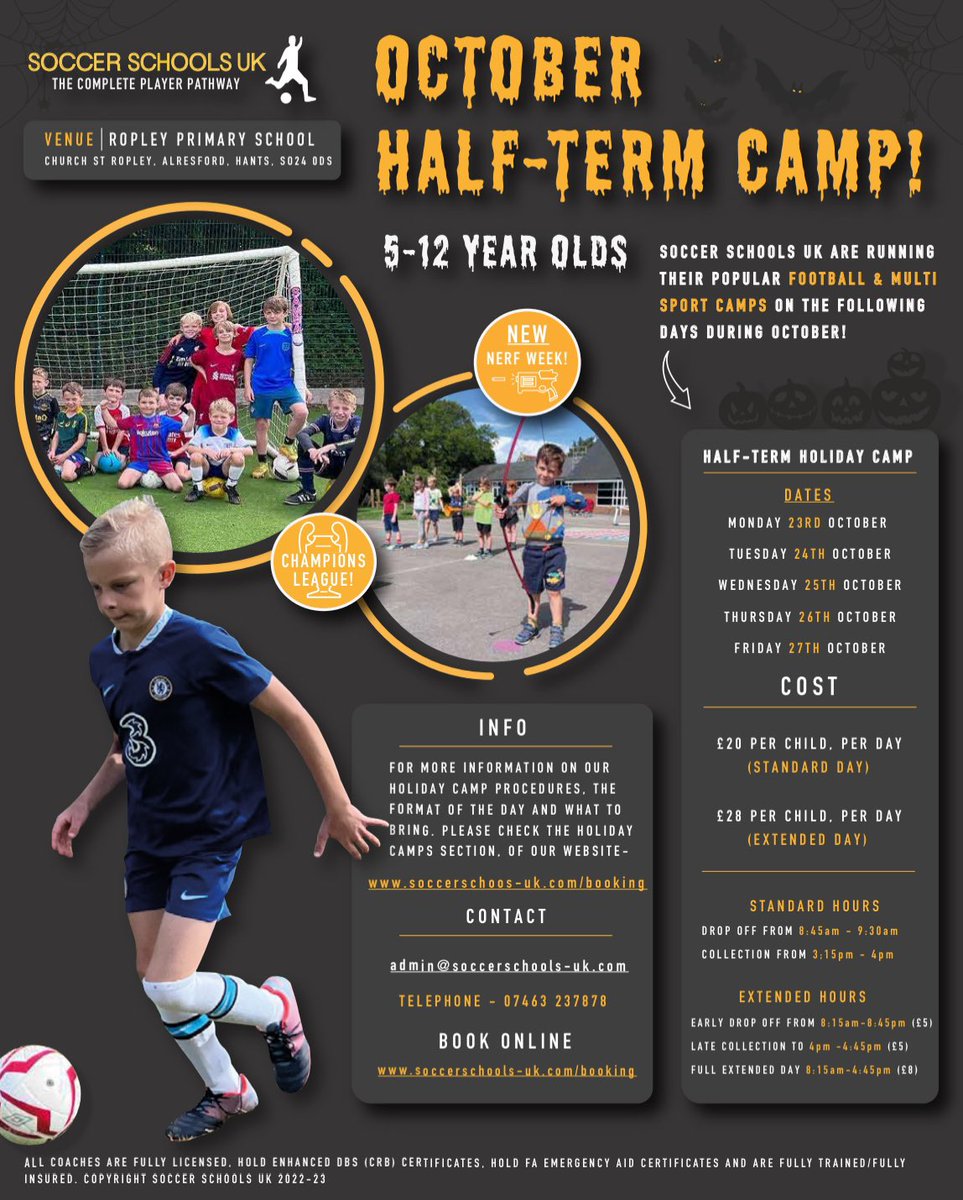 👻 🎃 We are pleased to announce that bookings for our October Half Term Camps, are now open! 🎃👻 

Where our popular Football and Multi-Sports Camps, will be running! With BRAND NEW NERF ACTIVITIES 👀 

📧 admin@soccerschools-uk.com
💻 soccerschools-uk.com/booking 
📞 07463 237878