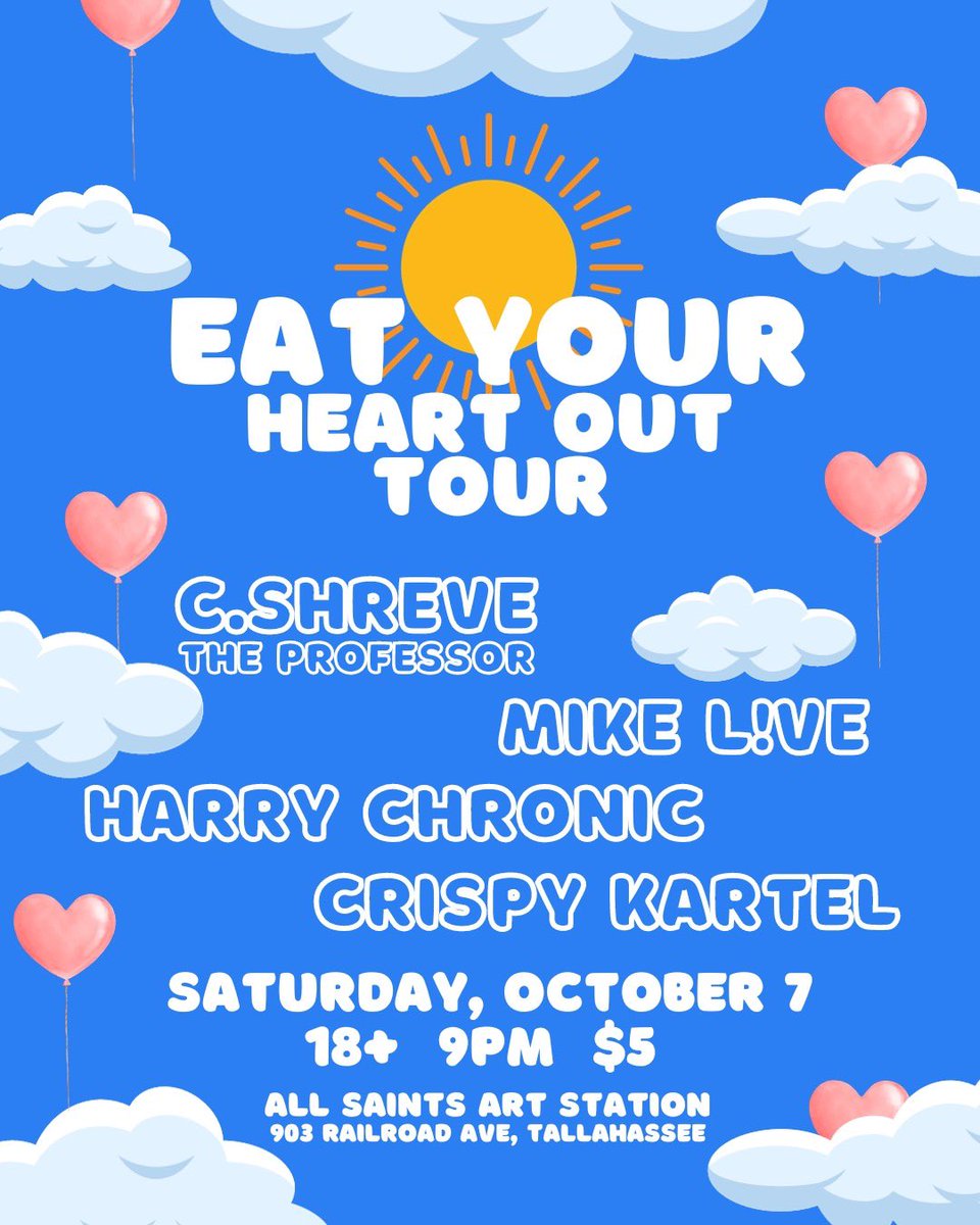 10/7 in Tallahassee, Florida at All Saints Art Station. Since my Hokies are in town to play FSU, anybody rocking VT gear gets in for free!!!