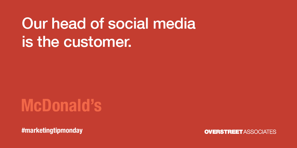 OverstreetAssoc's tweet photo. In client-based industries, treating your client like the Head of Social Media means exceeding expectations and building a standout reputation for lasting relationships.  #marketingtipmonday #marketing #adagency #McDonalds https://t.co/fiPgd69tkt