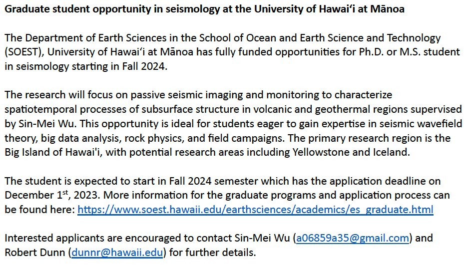 📢Interested in studying volcanoes and geothermal systems while living in Hawaii? 🌴🌊 We have graduate student opportunities starting in fall 2024 at University of Hawai‘i at Mānoa! Please distribute!