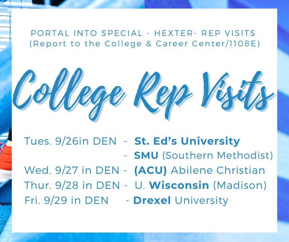 See which college reps are visiting CPHS this week! Interested students should sign up in Naviance (via the Leander Launchpad) and portal into Ms. Hexter's DEN.