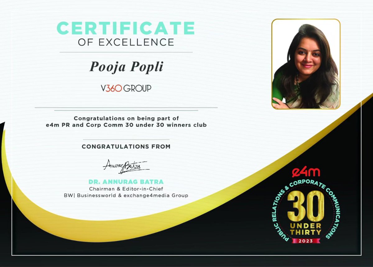 A moment of pride for V360 Group! Heartiest congratulations <a href="/SanyaBhatia7/">Sanya Bhatia</a> and <a href="/PoojaPopli3/">Pooja Popli</a> for entering into e4m PR and Corp Comm 30 under 30 winners club.

<a href="/exchange4media/">exchange4media</a>

#V360Group #PR #CorpComm #30under30 #Congratulations #publicrelations #excellence #e4m