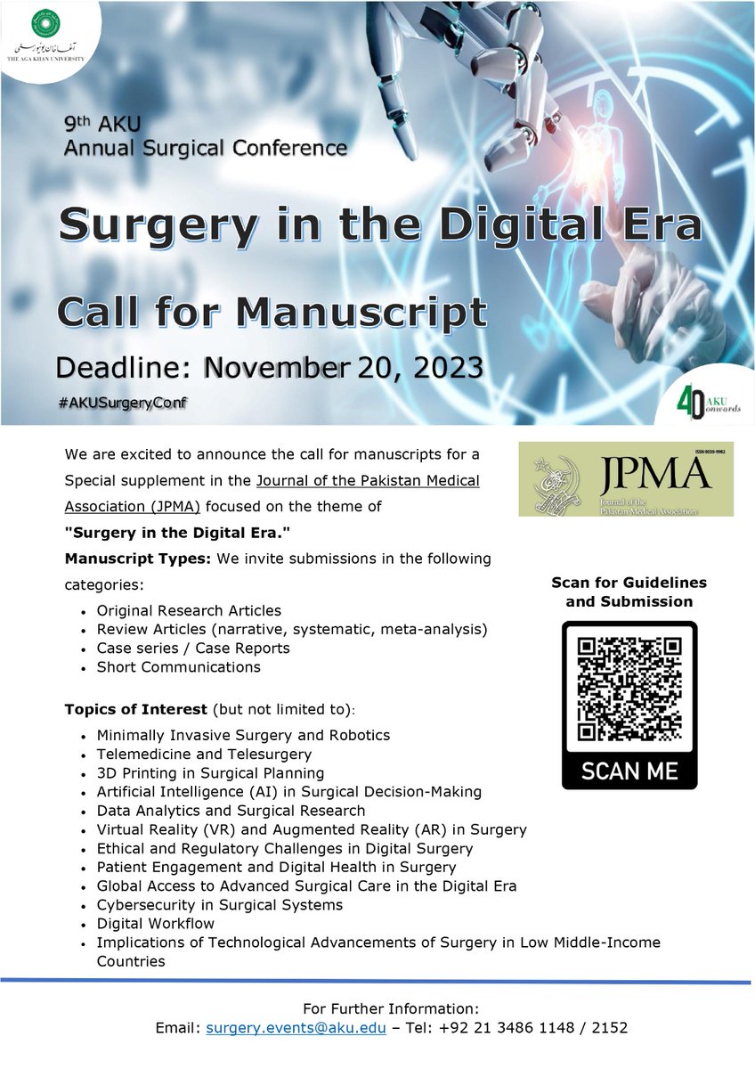 Dr.Fahad Umer (@drfahadumer) on Twitter photo Scan the QR code to get details of the upcoming special supplement submission guidelines and many more details.
Looking forward to your scholarly works.
Thank to all publication team members <a href="/Dr_SanaZeeshan/">Sana Zeeshan</a> <a href="/AkuSurgery/">AKU Surgery</a> Scan the QR code to get details of the upcoming special supplement submission guidelines and many more details.
Looking forward to your scholarly works.
Thank to all publication team members <a href="/Dr_SanaZeeshan/">Sana Zeeshan</a> <a href="/AkuSurgery/">AKU Surgery</a>