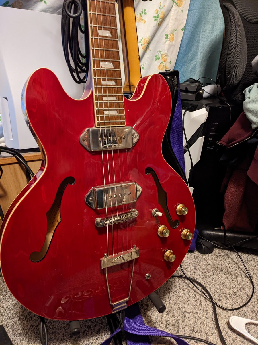 A cherry red casino, this one belonged to my best friend and when he moved out of the country I acquired it. In transit to me the head stock snapped off. It sat for one year till fixed. I recorded my song blood on my hands featuring this very guitar. spotify.link/aFXqXRbZnDb
