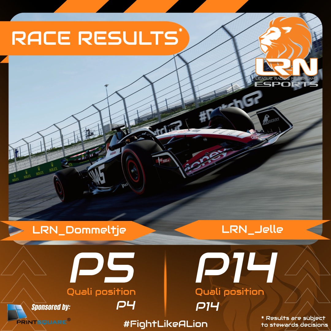 LeagueRacingNL's tweet photo. Race results at @ORT_F1 🦁

With a daring strategy, @LRN_Dommeltje almost took his 2nd victory.  He eventually finished in P5. @LRN_Jelle finishes in 14th place.

#lrnesports #oneteamonedream #fightlikealion https://t.co/4cPOqW1AAA
