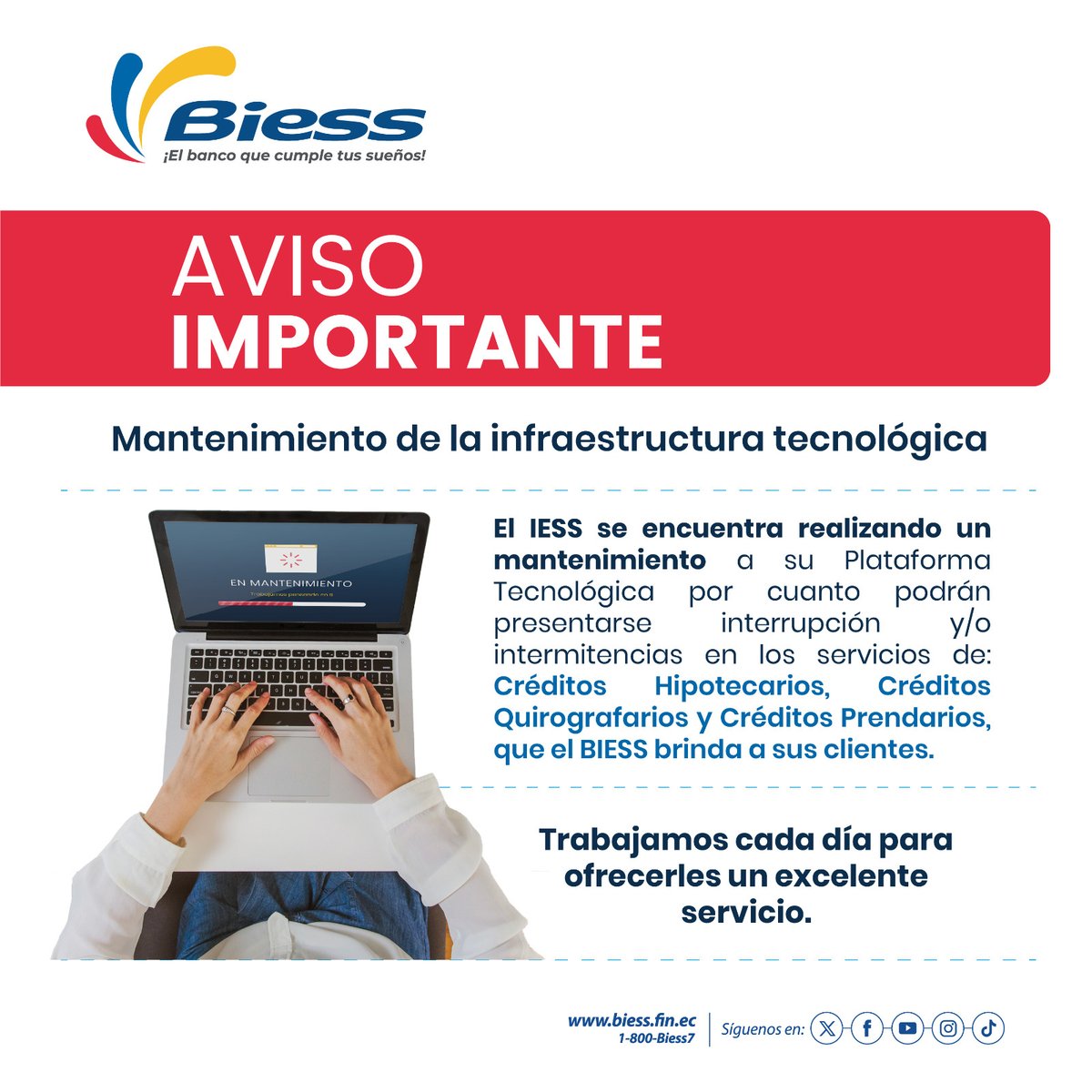 BiessEcuador's tweet photo. 🔊¡Aviso Importante!

Informamos a la ciudadanía que nuestros servicios de  Préstamos Hipotecarios, Préstamos Quirografarios y Préstamos Prendarios, presentan intermitencias.

Entérate más aquí 👇🏽 https://t.co/beimyW8gdA