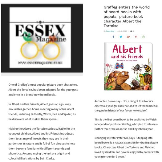 Making #headlines with our #ALBERTthetortoise #BoardBook ALBERT and his Friends. Thanks @EssexMagazine. Aimed at 0-3 years introducing #garden #animals, the idea of #friendship and our favourite #tortoise. #AvailableNow with six #picturebook titles. AlbertTortoise.com #books