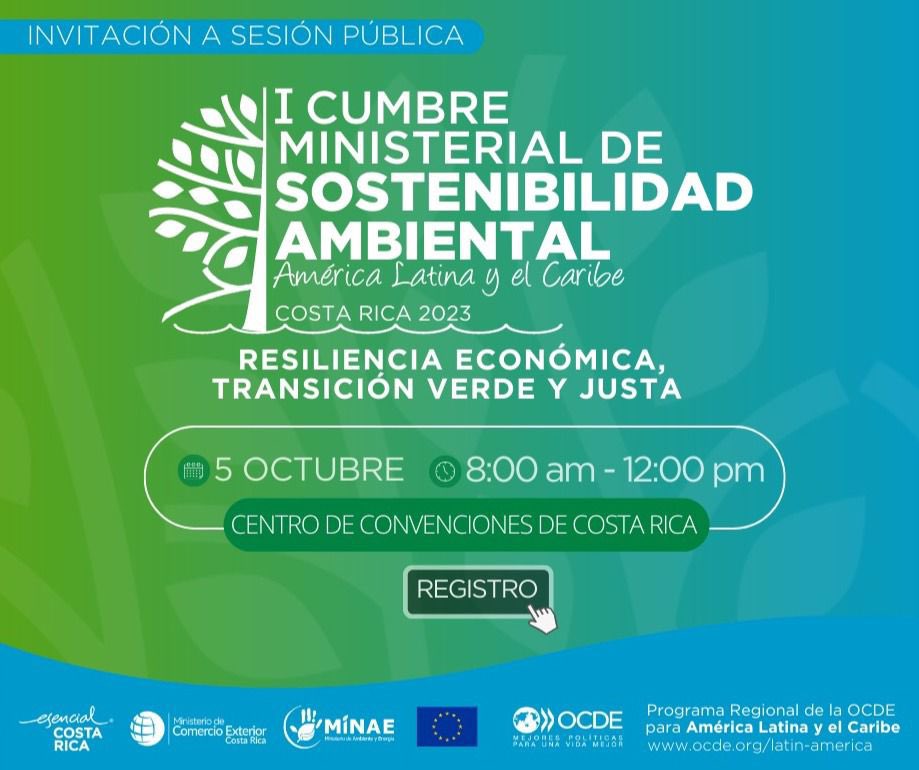 1a Cumbre Ministerial <a href="/OECD_LAC/">OECD LAC</a> de Sostenibilidad Ambiental 
🍃 Resiliencia Económica, transición verde y justa
📆 05 Octubre
⏰ 08:00 am
📍 Centro de Convenciones, San José 🇨🇷
Registro 👉🏼 bit.ly/LACGreenTransi…

¡ Más información! 🌐➡️ bit.ly/LACMinisterial

#LACMinisterial