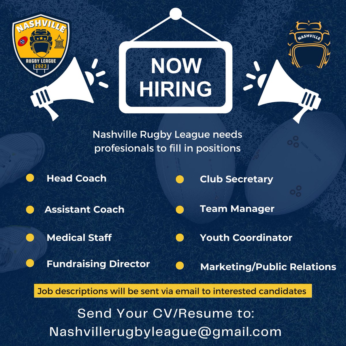 Nashville Rugby League is currently seeking individuals to fill crucial positions within the club as we embark on the journey of establishing a strong foundation and enhancing our overall operations. Contact us with serious inquires please and thank you.
