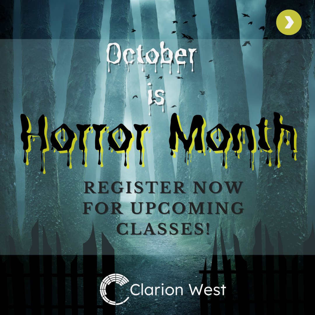 ClarionWest's tweet image. Get ready for the spooky season by checking out our line-up of horror writing classes in October! 
clarionwest.app.neoncrm.com/np/clients/cla…

#horrorwriting #horrorwritingclasses #horrormonth #clarionwest