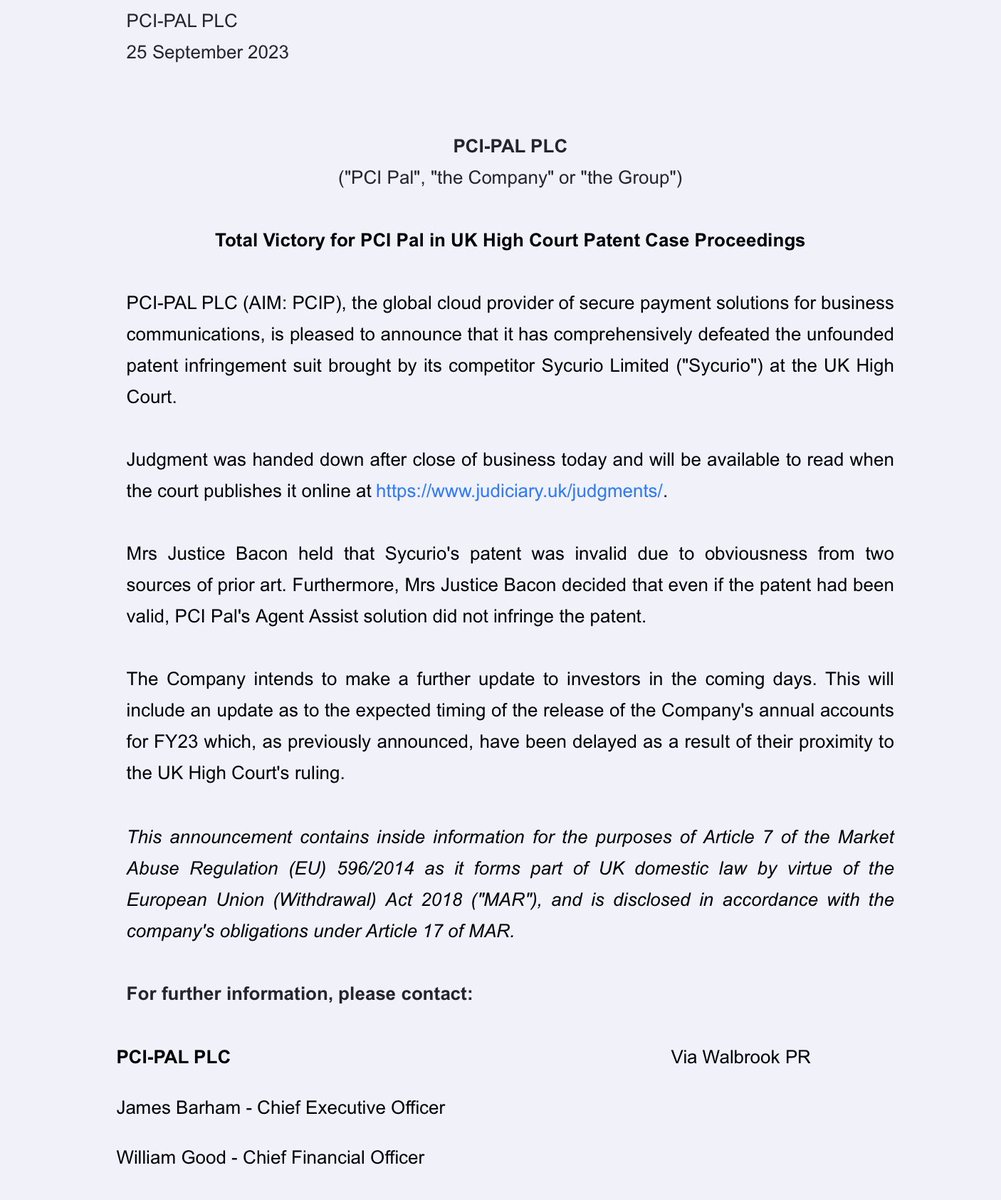 rhomboid1MF's tweet image. #PCIP delivers the bacon …good news for shareholders as this has  been a costly distraction from a promising growth story…doubtless costs will be awarded too…which is not an insignificant amount 

Ex holding of mine…so I’m pleased to see their success