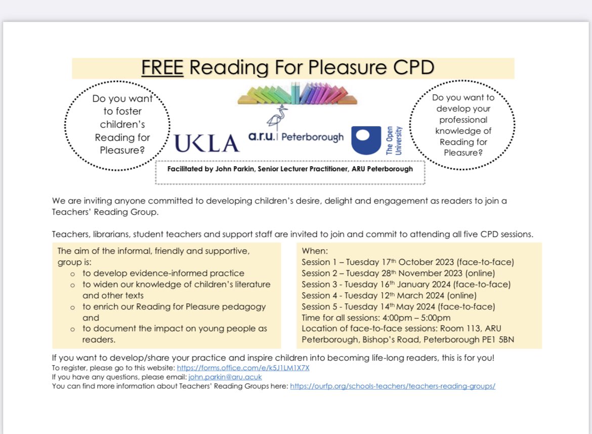 MarksEmarks's tweet photo. FREE Reading For Pleasure CPD
To register, please go to this website: https://t.co/ksUZPwkLbt
If you have any questions, please email: john.parkin@aru.acuk

You can find more information about Teachers’ Reading Groups here: https://t.co/3D050oK2fn https://t.co/6aT5ZZK60B