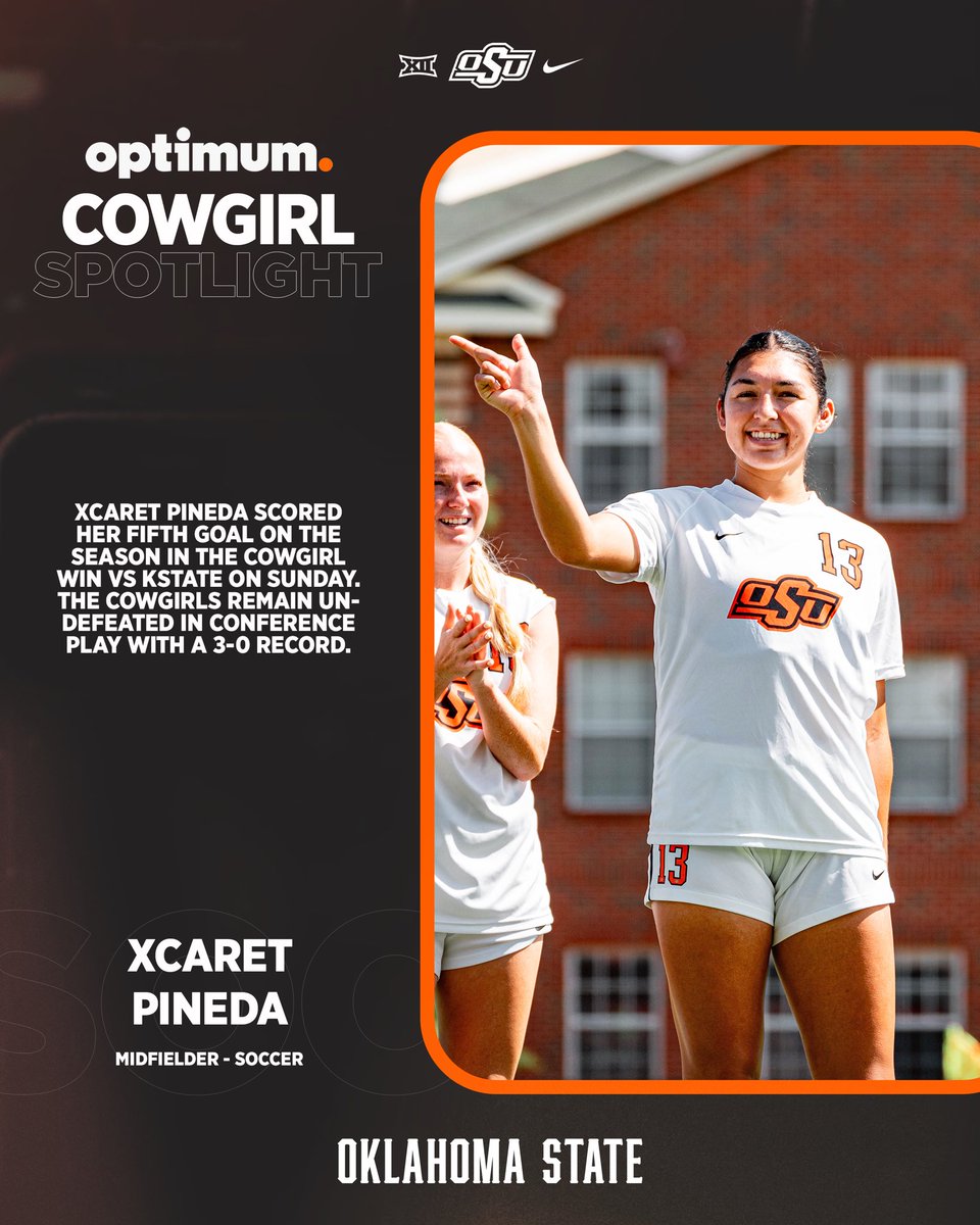 This weeks Cowgirl Spotlight is <a href="/xcaret_pineda/">Xcaret Pineda</a>! She scored her 5th goal of the season in <a href="/CowgirlFC/">OSU Cowgirl Soccer</a>’s win over Kansas State on Sunday. 🤠

#GoPokes | <a href="/optimum/">Optimum</a>