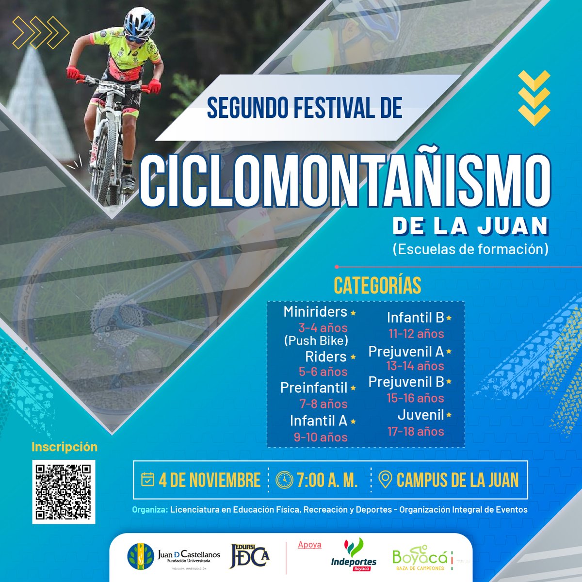 Habilidad, destreza, resistencia y técnica⚡️, son las cualidades que definen a los amantes del ciclismo de montaña 🚵‍♀️.

¡Te invitamos a participar en nuestro 2º Festival de Ciclomontañismo! 💚💛💙

¡Inscríbete!📝

#LaJuanEsMás #Ciclomontañismo #MeGustaLaJuan #Ciclismo #Edufisica