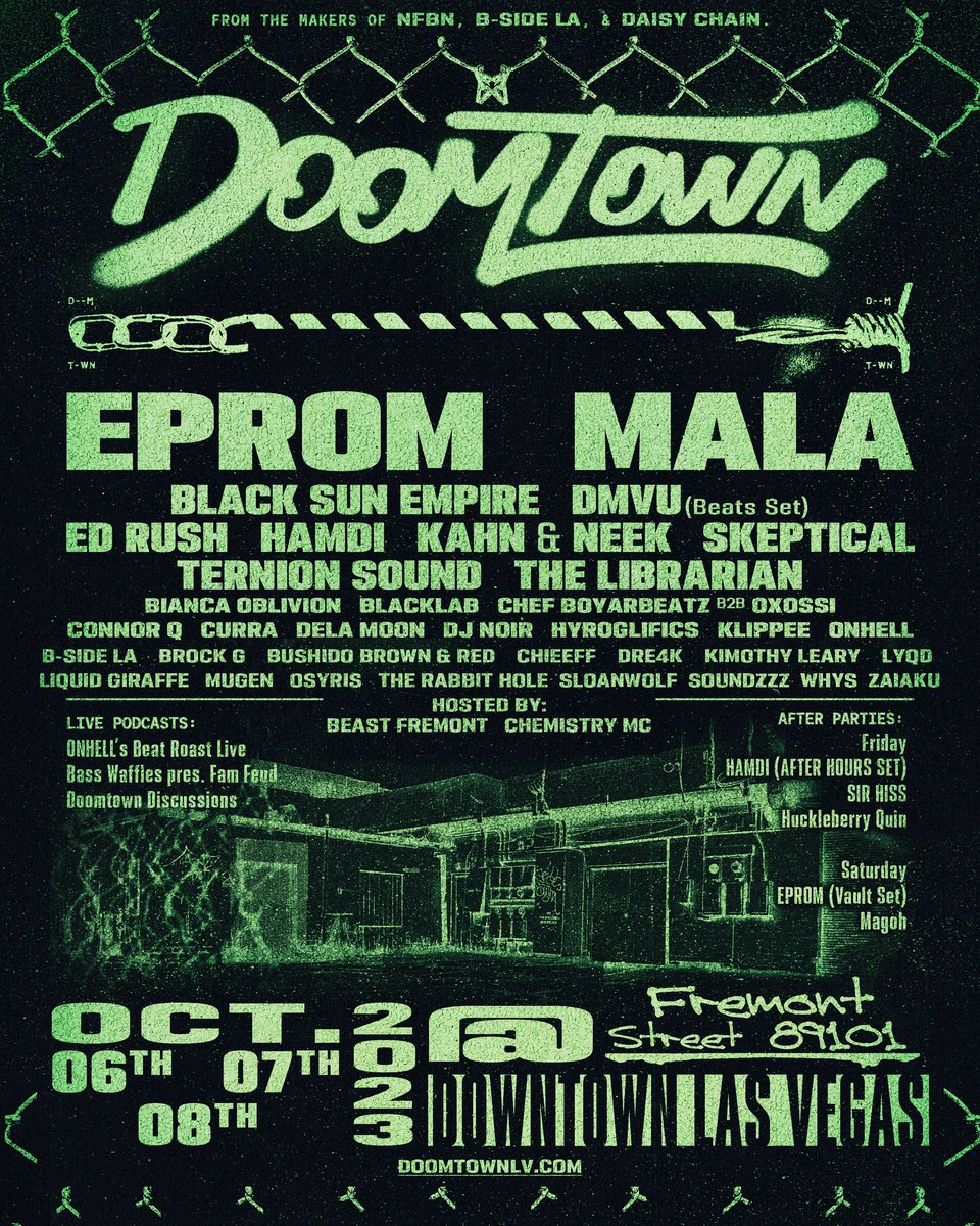 Doomtown full lineup is officially here! After party line ups announced with a whole bunch of other additions. Day lineup graphics will be released on Wednesday, followed by set times shortly after that. We're under 2 weeks away! 🚨