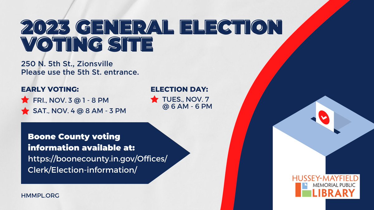 DiscoverHMMPL's tweet photo. HMMPL is a voting site for this year's general election! If you are a Boone County resident, stop by the Library today @ 6 AM - 6 PM to vote!
#DiscoverHMMPL #GoVoteNow https://t.co/tYj2LS8L6f