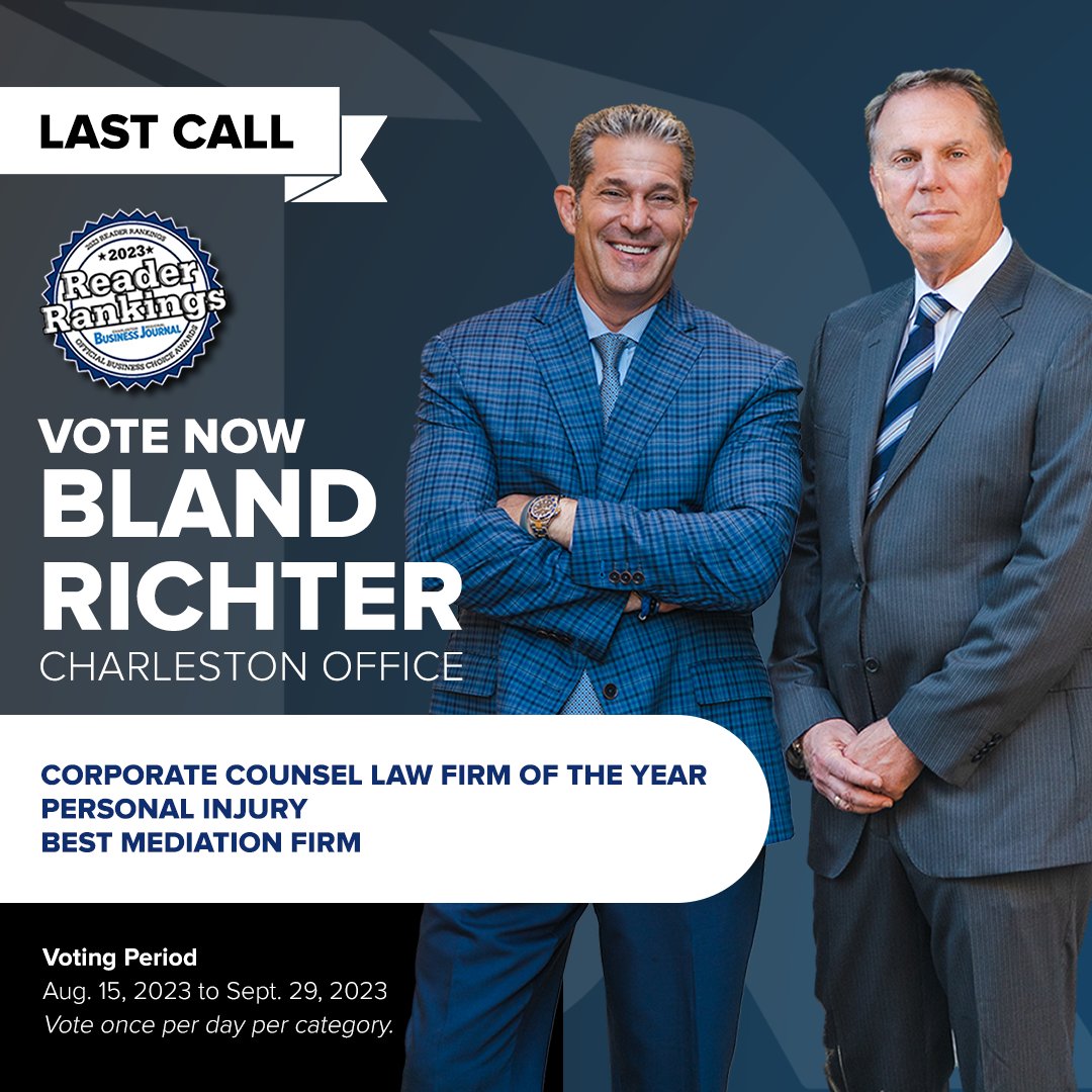 BlandRichterSC's tweet image. LAST CALL to vote Bland Richter Charleston Office for Law Firm of the Year in the Charleston Regional Business Awards. Voting ends this Fri., Sept. 29th.

Vote for Bland Richter now: tinyurl.com/2s4aayn8 

#BlandRichter #Attorney #LegalMalpractice #SCLaw #MedicalMalpractice