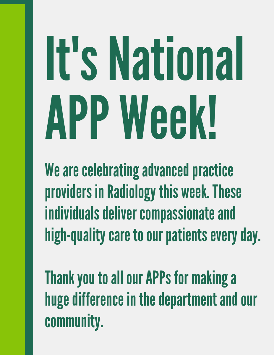 UABRadiology's tweet photo. We are celebrating #NationalAdvancedPracticeProviderWeek! Stay tuned for spotlights of some of our amazing Radiology APPs throughout the week!
@ajgunnmd @CheriCanon @UABHeersink @uabmedicine #Radiology https://t.co/YYznC7zZ1s