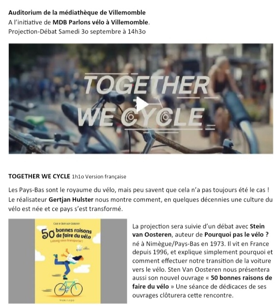 LCyclable's tweet photo. Villemomble: projection-débat autour de #TogetherWeCycle et du livre "50 bonnes raisons de faire du vélo".
Venez ce samedi à 14h30 à la Médiathèque de Villemomble! https://t.co/AQ5hHNvJYZ
