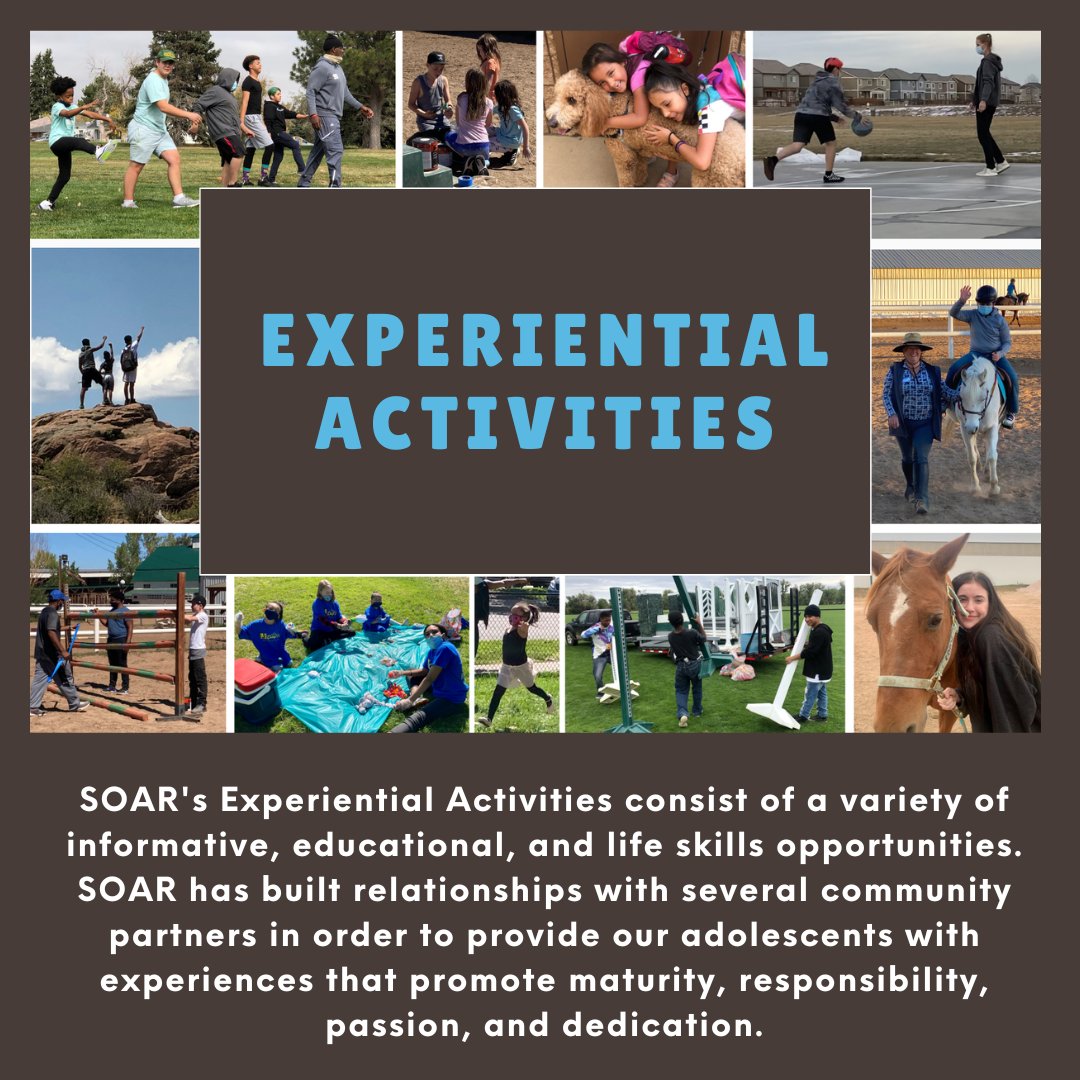 SOARCOLORADO's tweet photo. SOAR's Experiential Activities: Fueling growth through community partnerships. 🌟

#soar #seeingouradolescentsrise #denvercommunity #denveryouth #ExperientialLearning #CommunityPartnerships #AdolescentEmpowerment #traumainformedcare #strength #healing #equity #growth #care https://t.co/Jn4jVmGUB0