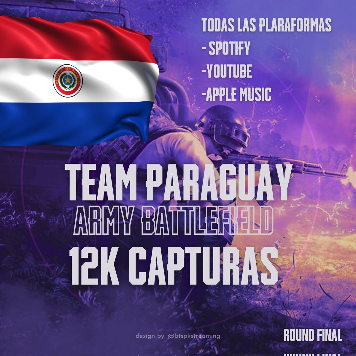 PY ARMY! 🇵🇾 
HORA DE CAPTURAS DE STREAM ( cualquier plataforma) 

●META: 12K CAPTURAS
¿llegamos a esta meta? 👀
<a href="/RUNCHARTpy/">RUNCHART 🇵🇾</a>
<a href="/sevenforcepy/">SEVEN FORCE PARAGUAY 🇵🇾</a>
<a href="/PurpleHeartBPy/">PurpleHeartBeatParaguay</a> 

Da like a esta playlist 
spotify.link/OWLaBa20nDb

Usa: 
PARAGUAY ROUND 4
WE COULD BE ROMANCING
#LAYOVERGLOBALBATTLE_ROUND4
