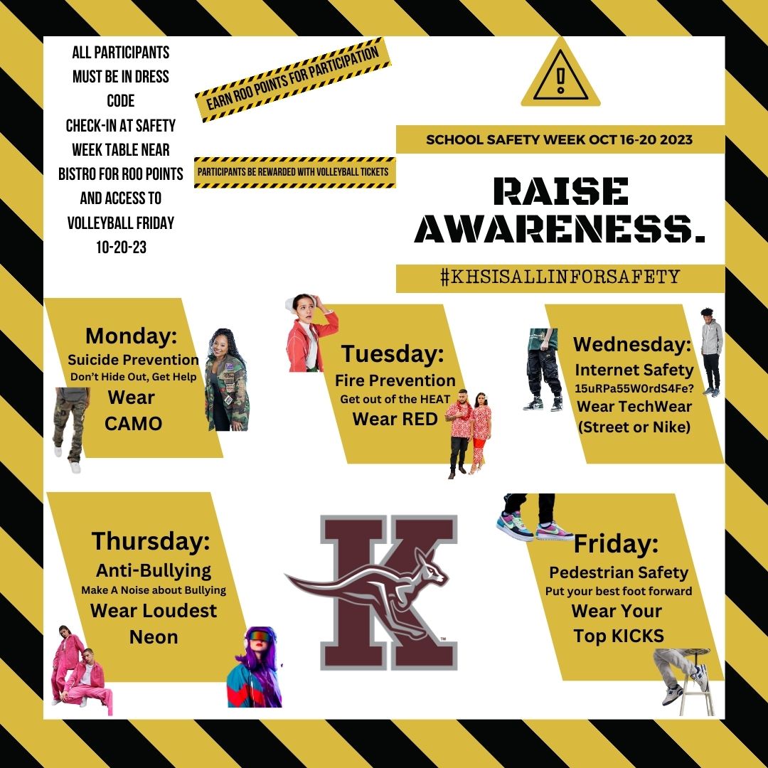 We hope every is enjoying a well-deserved break this week. Get ready for some fun when we return! Next week, we will be celebrating Safety Week with exciting dress-up days. See below for all the details! #SafetyWeek #KHSisALLIN #KHSisALLINforSafety