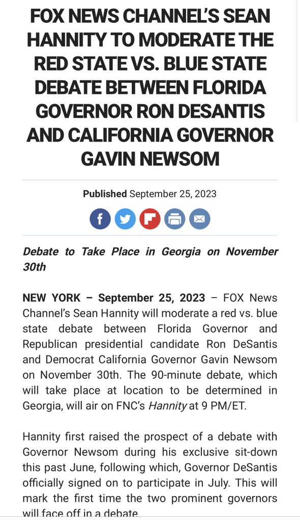NEW: It’s official. 

Governors Newsom and DeSantis will debate Nov. 30th on Fox News, moderated by Sean Hannity, Fox just announced.