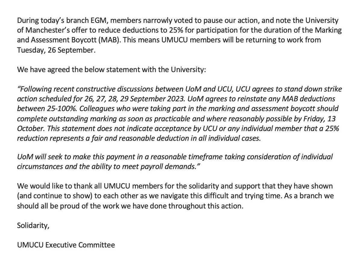 Important update regarding UMUCU strike action