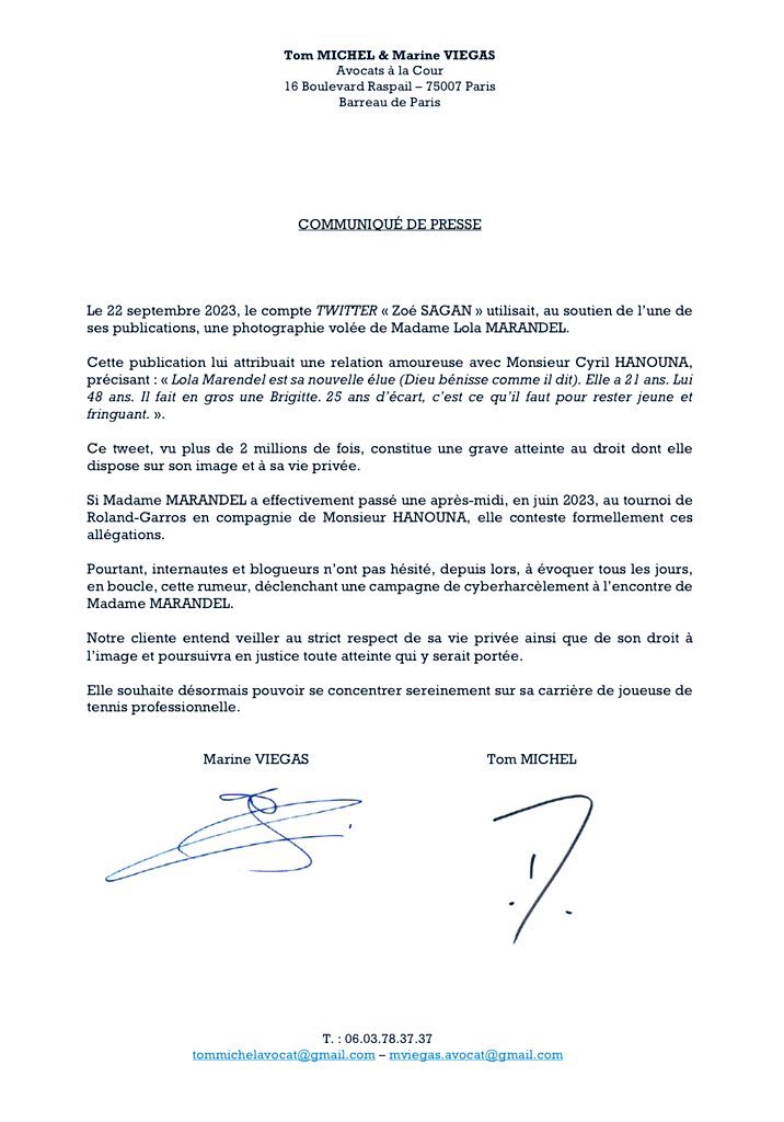 TomMichelavocat's tweet photo. Honoré de défendre @LolaMarandel, espoir de notre tennis français, face a la rumeur et la calomnie. Le cyber-harcèlement est grave.  Nous poursuivrons les auteurs devant les juridictions pénales. @zoesagan https://t.co/zUnBd2q4GS
