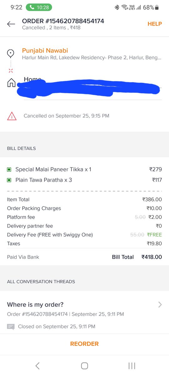 DjayS11's tweet photo. @Swiggy are out right thieves. This is the third time this has happened to me in a span of 7 days. Swiggy customer support outright refused to help me. On top of that 20 different extra charges for no food and stealing money @consaff @PiyushGoyalOffc https://t.co/iYoSbd47Ak