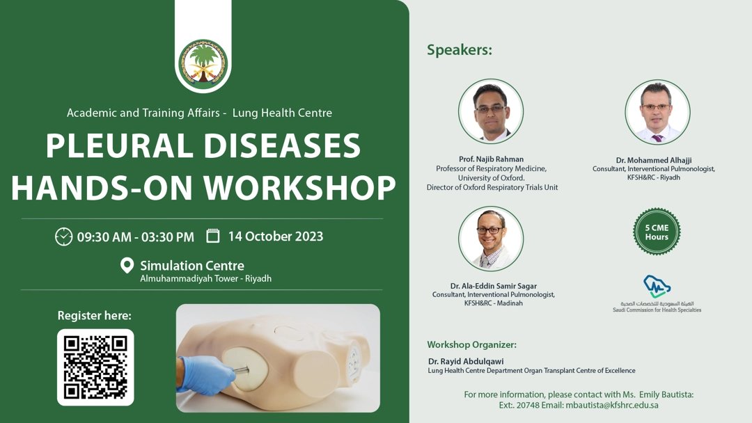 Don't miss this unique workshop on pleural diseases, organized by the Lung Health Centre and taught by field experts <a href="/naj_rahman/">Najib M Rahman</a>, <a href="/AlaEddinSagar/">Ala Eddin Sagar</a>, and <a href="/m_malhajji/">Mohammed</a>.
ONLY 24 places
motamarat.kfshrc.edu.sa/events/details…
