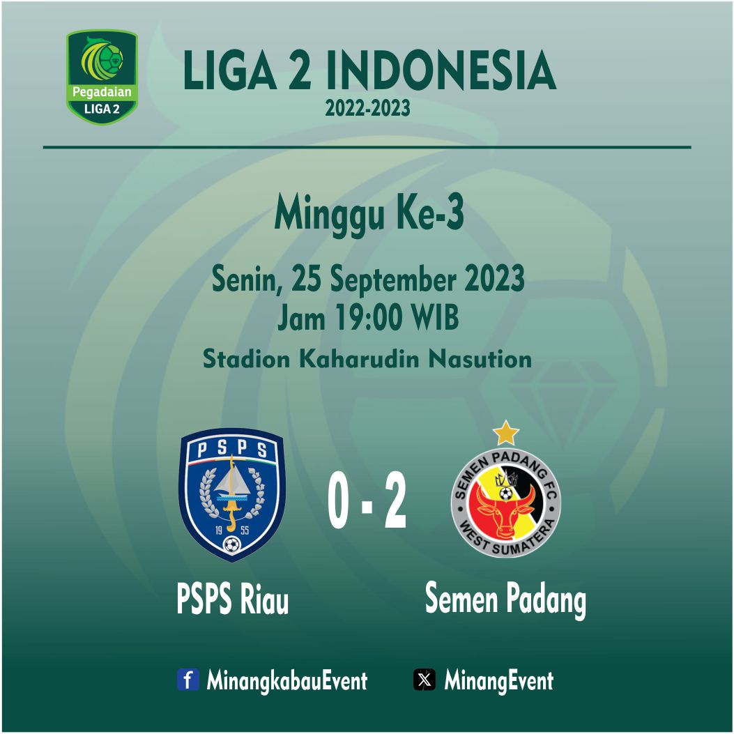 MinangEvent's tweet photo. Hasil pertandingan PSPS Riau 0 - 2 Semen Padang FC
#liga2indonesia #semenpadangfc #pspsriau https://t.co/JfofNth7bH