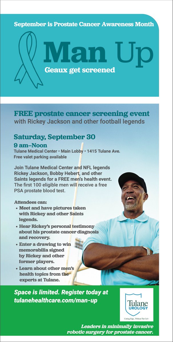 FREE Prostate Cancer Screening Event! This Saturday, Sept. 30, from 9 a.m. to noon at the Tulane Medical Center, 1415 Tulane Ave. See the image for more details! @LCMCHealth @TulaneDoctors #tulaneurology #ProstateCancer #Awareness Register link: lcmchealth.org/events-calenda…
