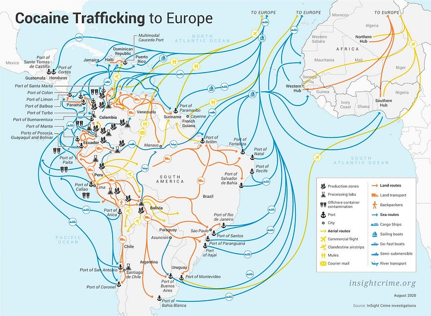juan_elman's tweet photo. Este mapa de @InSightCrime sobre el tráfico de cocaína a Europa es importante para entender el aumento de violencia en Sudámerica. Hay cada vez más demanda de otras regiones (además de EEUU) y cambios en la industria narco (sigue) https://t.co/DI92oyIks0