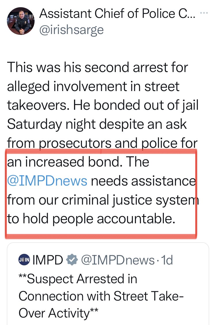 RickFOP86's tweet photo. IT’S NOT JUST US SAYING IT ANYMORE…

This is the Assistant Chief of Police in Indianapolis begging for the CJUS System to correct course on Low/No bonds for REPEAT OFFENDERS

Residents + Officers Stuck in the Middle  #BrokenSystem #RevolvingDoor #NeedBackup https://t.co/X3QjsviATd