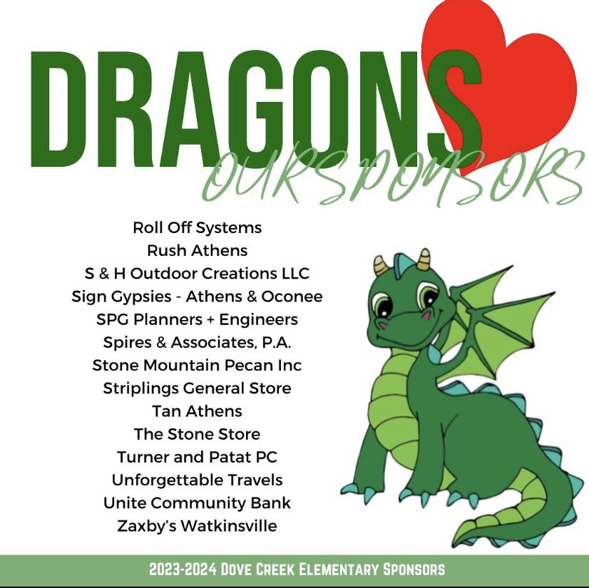 A big thank you to our amazing ‘23-24 DCES sponsors and their support of driving key enhancements for our dragons! #DragonsLoveSponsors <a href="/oconeecoschools/">Oconee County Schools</a>