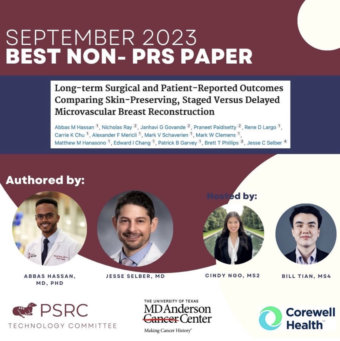 Honored to see our recently published study @AnnSurgOncol receive the best paper award for the month of September by @PSRC1955! Grateful for the mentorship from @JesseSelber and support of @MDAndersonNews @CorewellHealth @IU_Surgery Read our study here: link.springer.com/article/10.124…