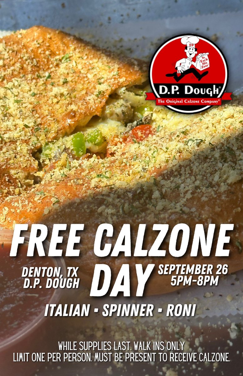 You won't want to miss FREE CALZONE day tomorrow 9/26/23 from 5pm -8pm at #DPdoughDenton -1216 W. Hickory in #DowntownDenton #DentonTX #DentonTexas!

Retweet &amp; share with your friends at <a href="/UNTsocial/">University of North Texas</a> &amp; <a href="/txwomans/">Texas Woman's University</a> !
#calzones #UNT #TXU #UniversityofNorthTexas #TexasWomansUniversity