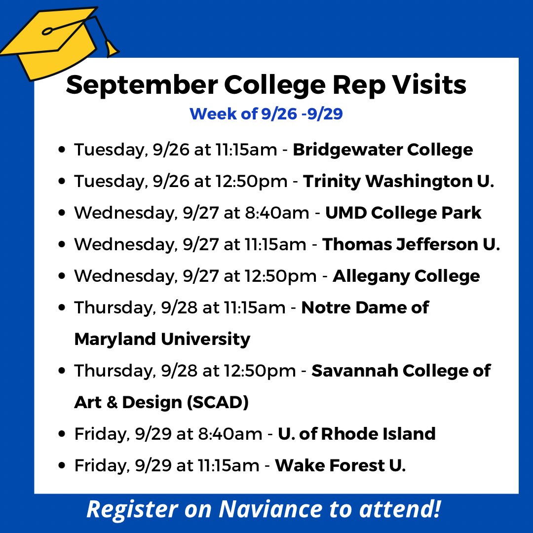 ghsccic's tweet photo. 🏫 New week, new colleges visiting GHS! FYI, the UMD visit is filling up quick! Register in Naviance to attend. @GHS_Counseling1 @GburgPrincipal @GHSPTSA1 https://t.co/eQJIElHhsU