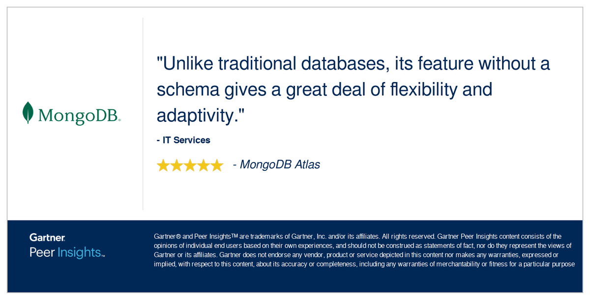 User in the IT Services Industry gives #MongoDB Atlas 5/5 Rating in Gartner Peer Insights™ Cloud Database Management Systems Market. gtnr.io/Uex3ynTb0 #GartnerPeerInsights