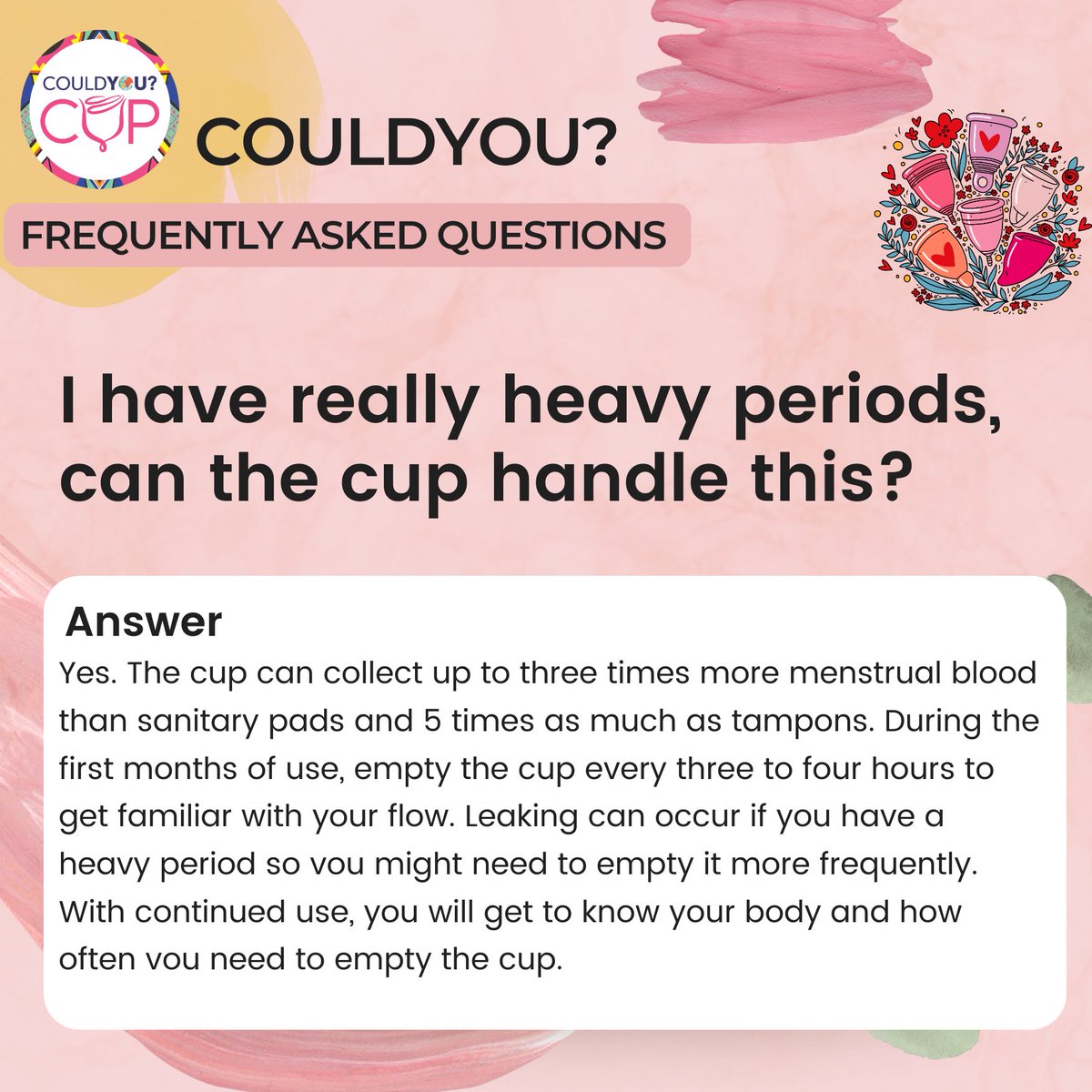 Heavy flow? No problem with CouldYou? Cup! It holds 3x more than pads and 5x more than tampons. 💪💧 Tips: In the first months, empty every 3-4 hours. Leaking? Adjust empties. Soon, sync with your body perfectly. 💖 #PeriodConfidence #CouldYouCupFAQ