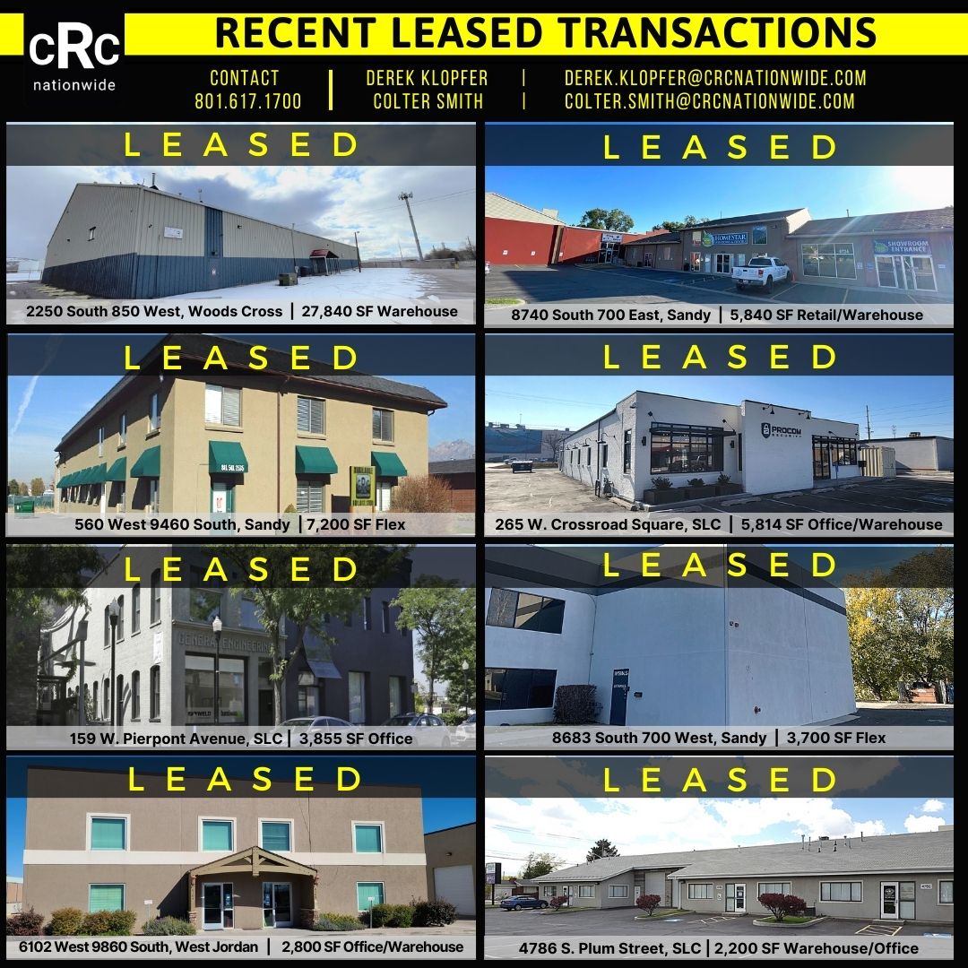 cRcNationwide's tweet photo. #leased #warehouseleased #flexleased #officeleased #SaltLakeCitywarehouse #SandyIndustrial #WoodsCrossWarehouse #SLCofficewarehouse #CRE #Utahcommercialrealestate #commercialrealestate https://t.co/uB1nzzalvO