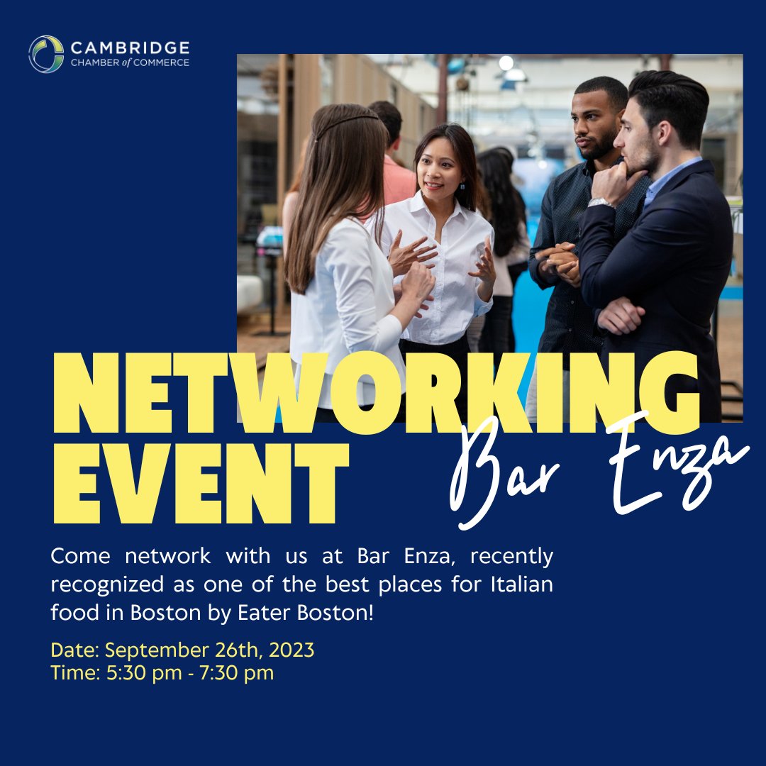 Tomorrow is our Bar Enza Networking event, be sure to sign up ASAP using this link: cambridgechamberma.chambermaster.com/eventregistrat…