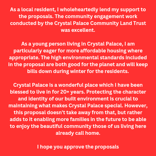Oscar__Harman's tweet photo. As a local resident, I'm delighted to have submitted this supportive comment to @yourcroydon ✅️

Thank you to @CPalaceCLT for bringing forward this application.

🏘Affordable Housing
🗨Community Engagement
🌍Sustainability Benefits

#BackTheBuilders 👇🏼

https://t.co/xnNpiowghR https://t.co/Rlf1nSewlz