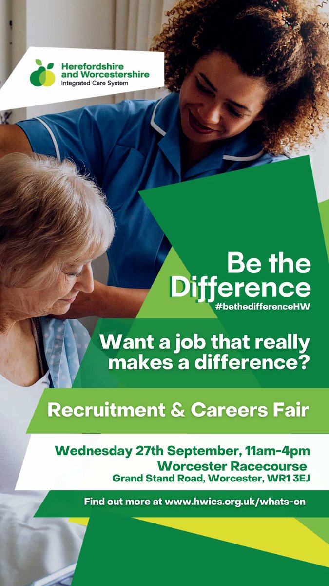 NHS_HW's tweet photo. Want to make a difference in your career?
Now's your chance!
We're looking for people like you- so visit our recruitment and careers fair at Worcester Racecourse on Wednesday, September 27th.
#BeTheDifferenceHW https://t.co/19djlw6d7K