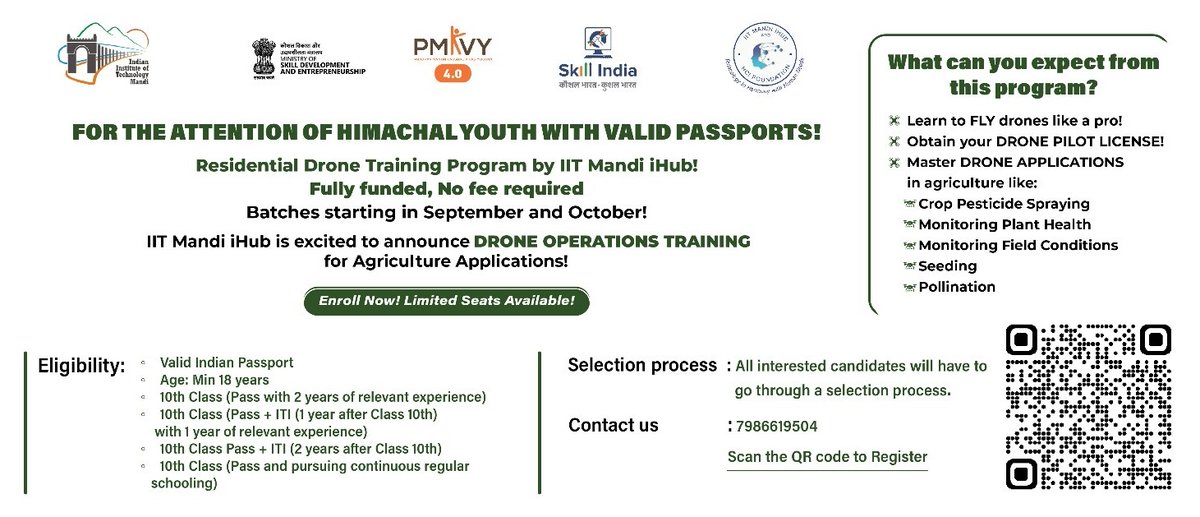 HimachalWisdom's tweet photo. IIT MANDI calls for Himachali Youths to indulge in their free residential drone training program. @iit__mandi @IITMandiiHub || A Great opportunity to learn and develop skills. A path towards sustainable &amp; advance agricultural practices in Himachal. || APPLY https://t.co/0JpozVmVr7